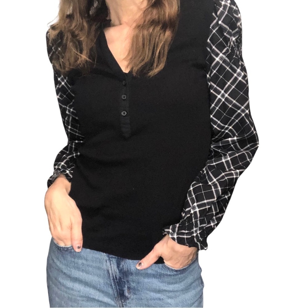 Loft Sz XS Henley Knit Top Mixed Media Black Plaid Sleeve Office Casual Preppy